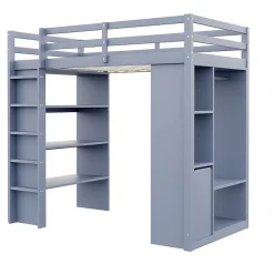 Okwish Lit Mezzanine enfant 90x200 cm en Bois Gris avec Étagères, Porte-Vêtements & Chariot de Rangement Amovible - Multifonction - Gris