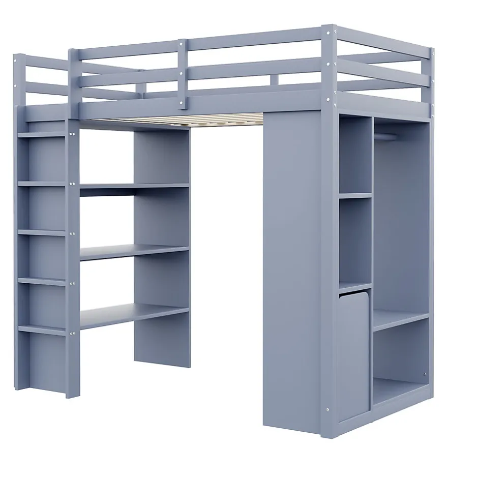 Okwish Lit Mezzanine enfant 90x200 cm en Bois Gris avec Étagères, Porte-Vêtements & Chariot de Rangement Amovible - Multifonction - Gris