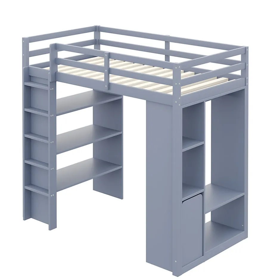 Okwish Lit Mezzanine enfant 90x200 cm en Bois Gris avec Étagères, Porte-Vêtements & Chariot de Rangement Amovible - Multifonction - Gris