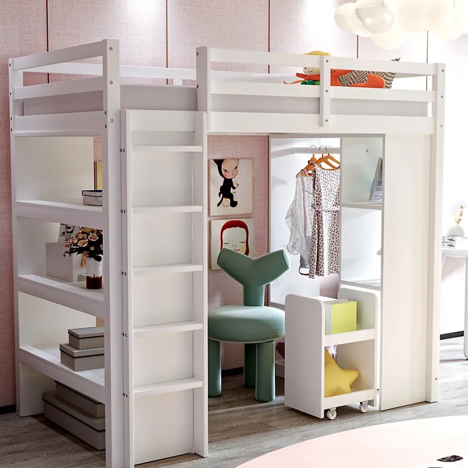 Okwish Lit Mezzanine enfant 90x200 cm en Bois avec Étagères, Porte-Vêtements & Chariot de Rangement Amovible - Multifonction - Blanc Discount