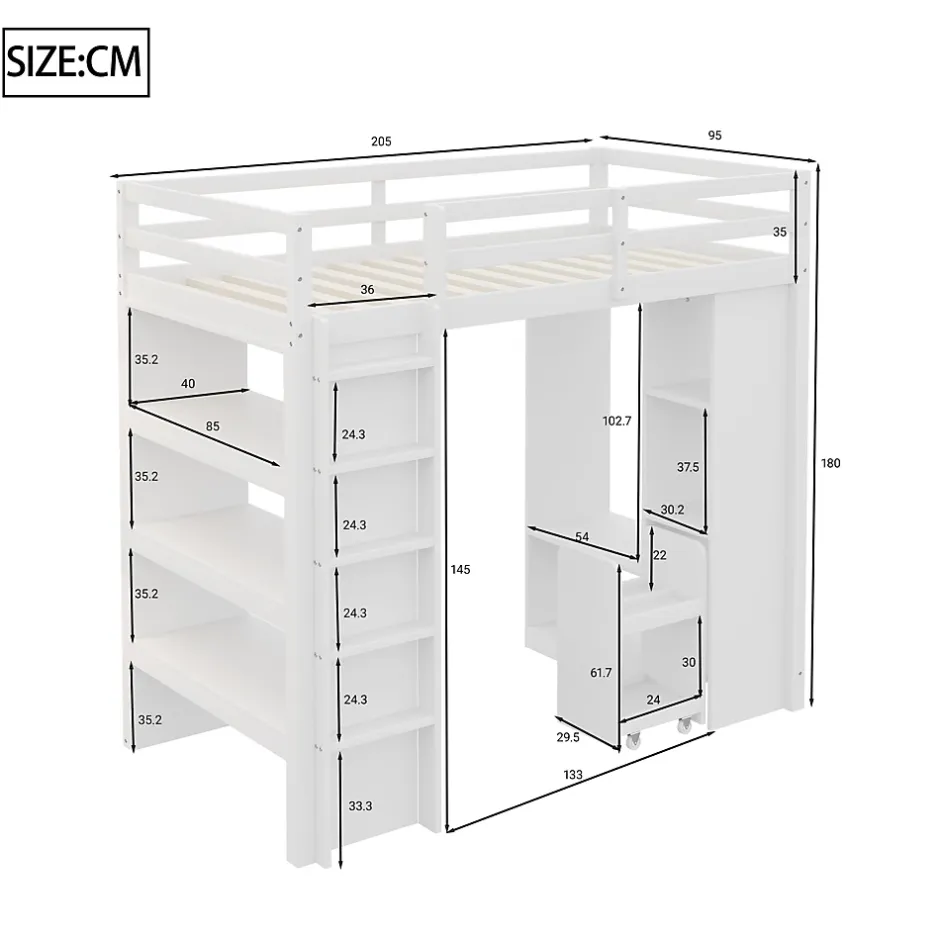 Okwish Lit Mezzanine enfant 90x200 cm en Bois avec Étagères, Porte-Vêtements & Chariot de Rangement Amovible - Multifonction - Blanc Discount