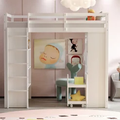 Okwish Lit Mezzanine enfant 90x200 cm en Bois avec Étagères, Porte-Vêtements & Chariot de Rangement Amovible - Multifonction - Blanc Discount