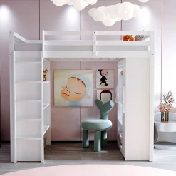 Okwish Lit Mezzanine enfant 90x200 cm en Bois avec Étagères, Porte-Vêtements & Chariot de Rangement Amovible - Multifonction - Blanc Discount
