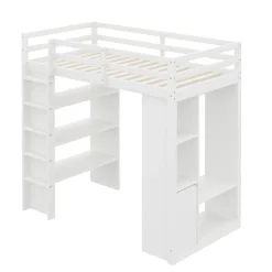 Okwish Lit Mezzanine enfant 90x200 cm en Bois avec Étagères, Porte-Vêtements & Chariot de Rangement Amovible - Multifonction - Blanc Discount