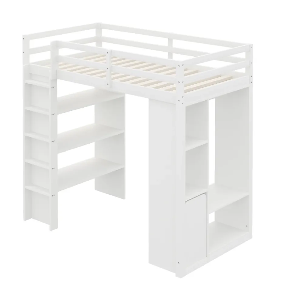 Okwish Lit Mezzanine enfant 90x200 cm en Bois avec Étagères, Porte-Vêtements & Chariot de Rangement Amovible - Multifonction - Blanc Discount