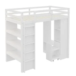 Okwish Lit Mezzanine enfant 90x200 cm en Bois avec Étagères, Porte-Vêtements & Chariot de Rangement Amovible - Multifonction - Blanc Discount