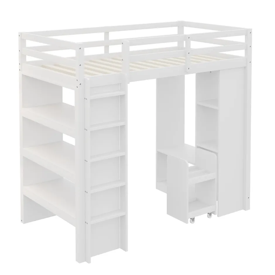 Okwish Lit Mezzanine enfant 90x200 cm en Bois avec Étagères, Porte-Vêtements & Chariot de Rangement Amovible - Multifonction - Blanc Discount