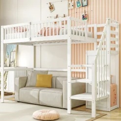 Okwish Lit Mezzanine enfant 90x200 cm avec Rangement, Escalier et Petit Dressing Intégré, Multifonction pour Chambre Ado, Blanc Sale