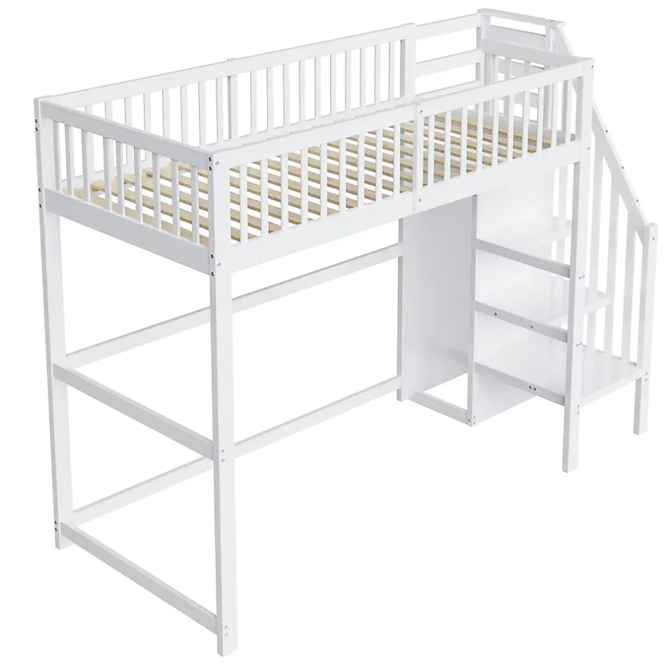 Okwish Lit Mezzanine enfant 90x200 cm avec Rangement, Escalier et Petit Dressing Intégré, Multifonction pour Chambre Ado, Blanc Sale