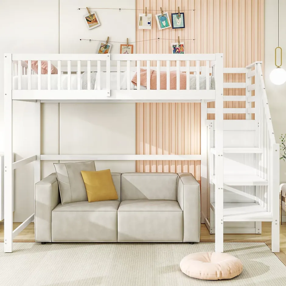 Okwish Lit Mezzanine enfant 90x200 cm avec Rangement, Escalier et Petit Dressing Intégré, Multifonction pour Chambre Ado, Blanc Sale