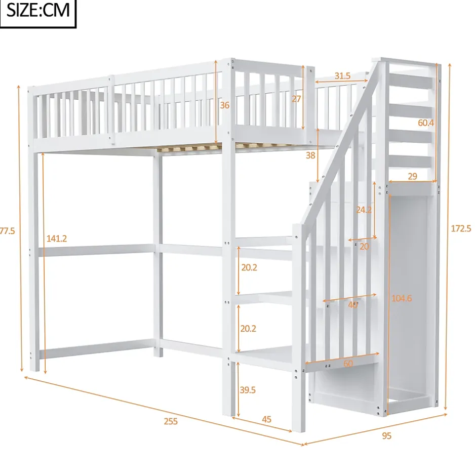 Okwish Lit Mezzanine enfant 90x200 cm avec Rangement, Escalier et Petit Dressing Intégré, Multifonction pour Chambre Ado, Blanc Sale