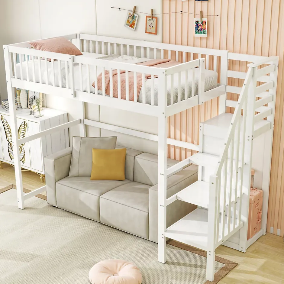 Okwish Lit Mezzanine enfant 90x200 cm avec Rangement, Escalier et Petit Dressing Intégré, Multifonction pour Chambre Ado, Blanc Sale