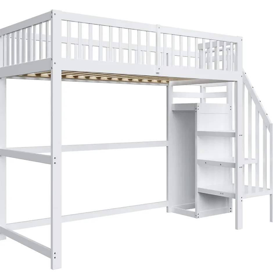Okwish Lit Mezzanine enfant 90x200 cm avec Rangement, Escalier et Petit Dressing Intégré, Multifonction pour Chambre Ado, Blanc Sale