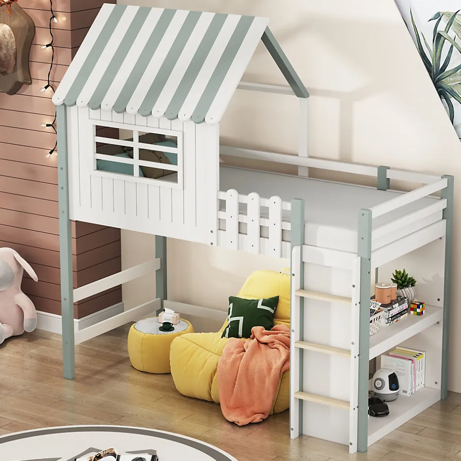 Okwish Lit Mezzanine enfant 90x200 cm - Lit Cabane avec Échelle de Sécurité, Rangement Intégré, Bois Massif MDF, Vert, Sans Matelas