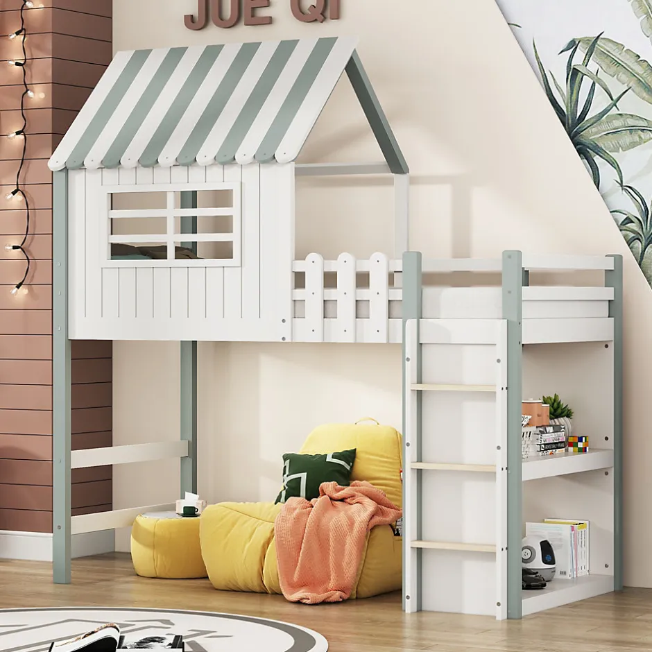 Okwish Lit Mezzanine enfant 90x200 cm - Lit Cabane avec Échelle de Sécurité, Rangement Intégré, Bois Massif MDF, Vert, Sans Matelas