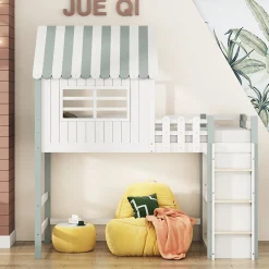 Okwish Lit Mezzanine enfant 90x200 cm - Lit Cabane avec Échelle de Sécurité, Rangement Intégré, Bois Massif MDF, Vert, Sans Matelas