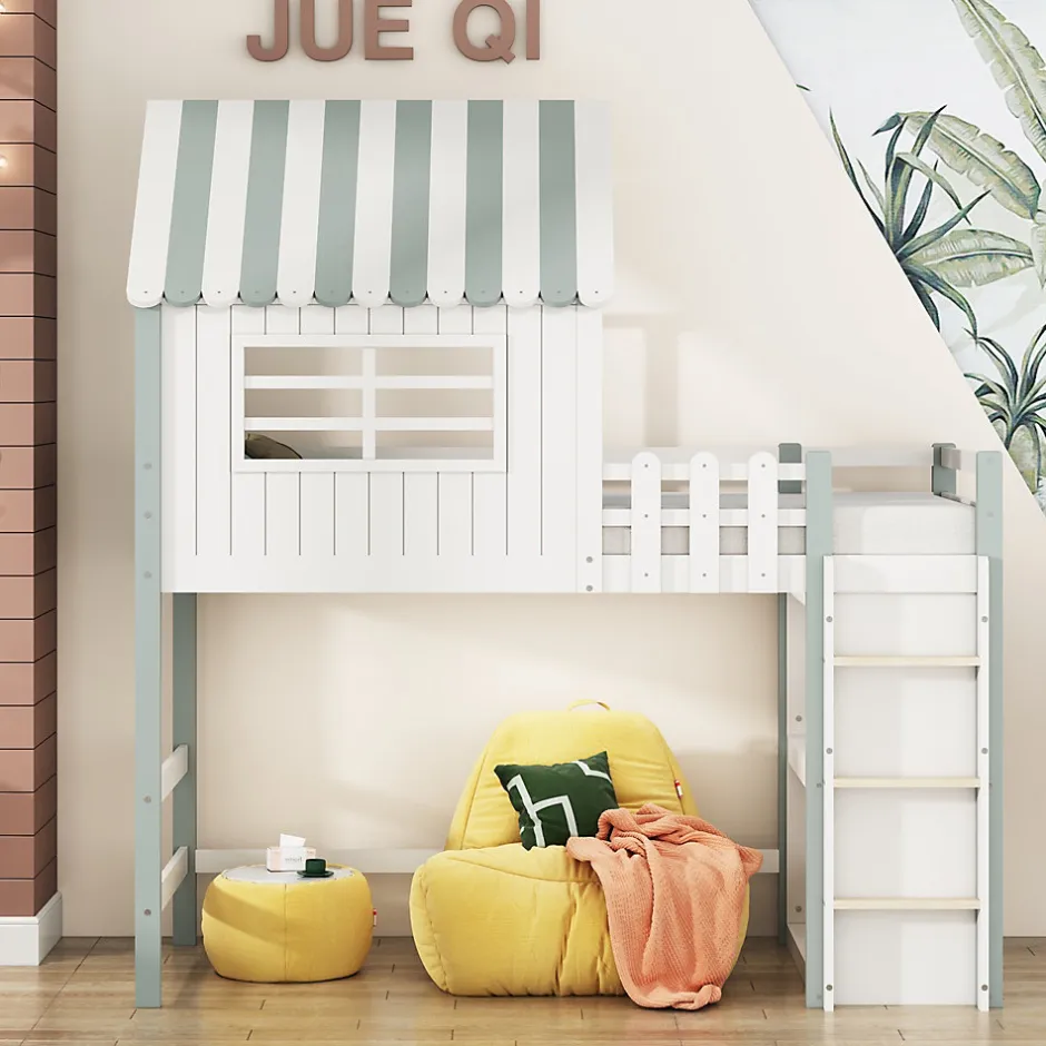 Okwish Lit Mezzanine enfant 90x200 cm - Lit Cabane avec Échelle de Sécurité, Rangement Intégré, Bois Massif MDF, Vert, Sans Matelas