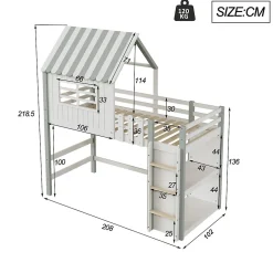 Okwish Lit Mezzanine enfant 90x200 cm - Lit Cabane avec Échelle de Sécurité, Rangement Intégré, Bois Massif MDF, Vert, Sans Matelas