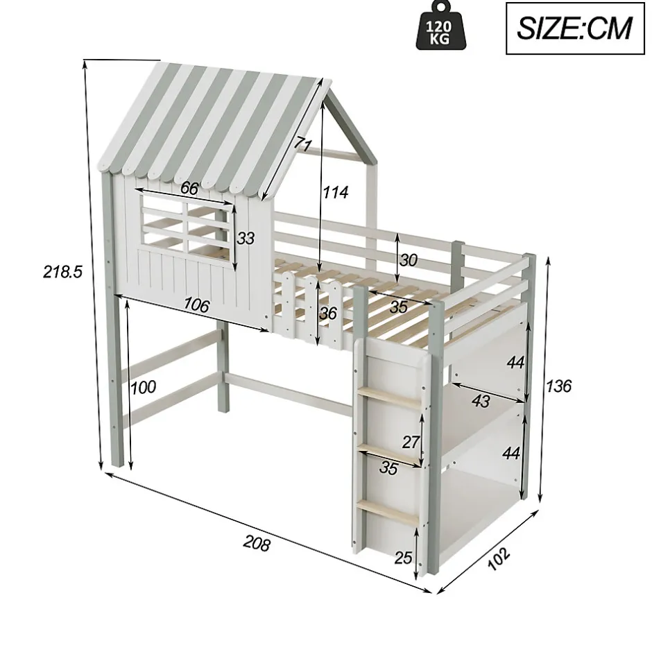 Okwish Lit Mezzanine enfant 90x200 cm - Lit Cabane avec Échelle de Sécurité, Rangement Intégré, Bois Massif MDF, Vert, Sans Matelas