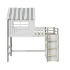 Okwish Lit Mezzanine enfant 90x200 cm - Lit Cabane avec Échelle de Sécurité, Rangement Intégré, Bois Massif MDF, Vert, Sans Matelas