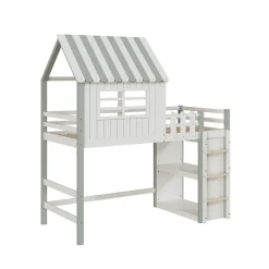 Okwish Lit Mezzanine enfant 90x200 cm - Lit Cabane avec Échelle de Sécurité, Rangement Intégré, Bois Massif MDF, Vert, Sans Matelas