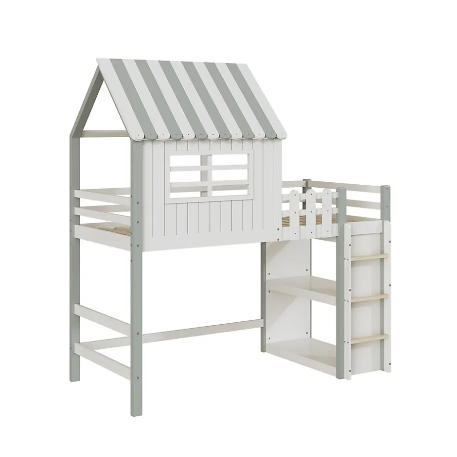Okwish Lit Mezzanine enfant 90x200 cm - Lit Cabane avec Échelle de Sécurité, Rangement Intégré, Bois Massif MDF, Vert, Sans Matelas