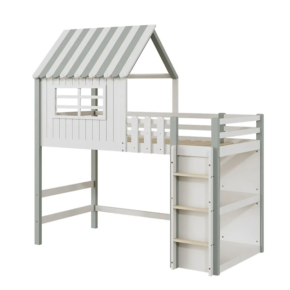 Okwish Lit Mezzanine enfant 90x200 cm - Lit Cabane avec Échelle de Sécurité, Rangement Intégré, Bois Massif MDF, Vert, Sans Matelas