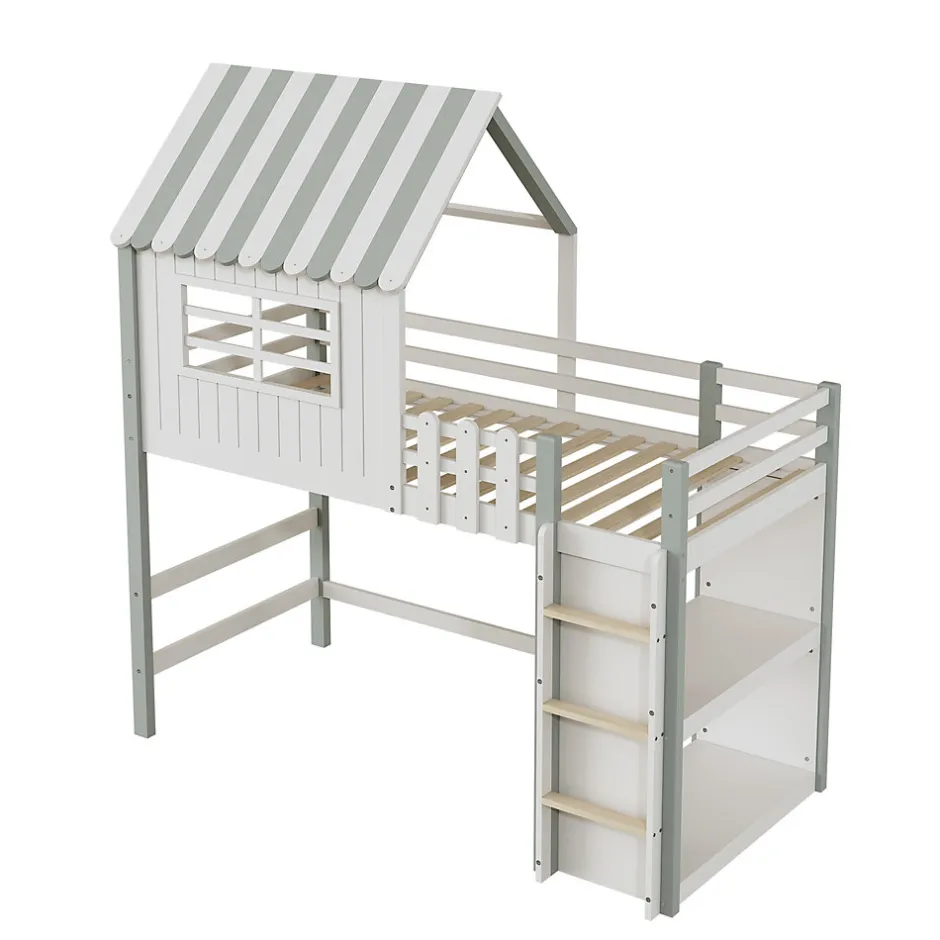 Okwish Lit Mezzanine enfant 90x200 cm - Lit Cabane avec Échelle de Sécurité, Rangement Intégré, Bois Massif MDF, Vert, Sans Matelas