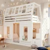 ModernLuxe Lit mezzanine enfant 90x200cm avec LED - Barrières de sécurité et échelle de rangement - MDF + Bois massif - Blanc (sans matelas)