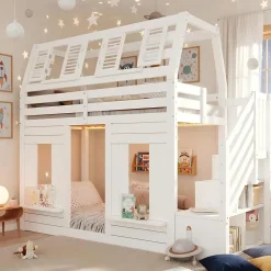 ModernLuxe Lit mezzanine enfant 90x200cm avec LED - Barrières de sécurité et échelle de rangement - MDF + Bois massif - Blanc (sans matelas)