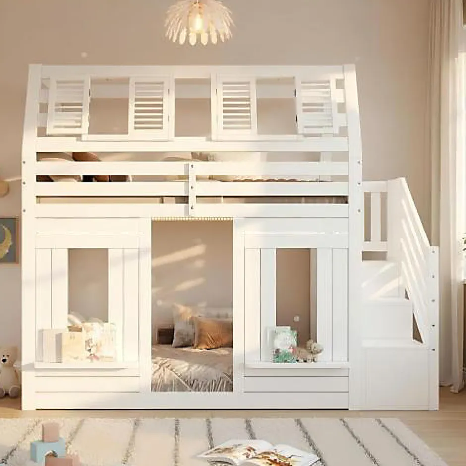 ModernLuxe Lit mezzanine enfant 90x200cm avec LED - Barrières de sécurité et échelle de rangement - MDF + Bois massif - Blanc (sans matelas)