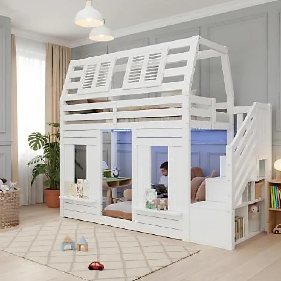 ModernLuxe Lit mezzanine enfant 90x200cm avec LED - Barrières de sécurité et échelle de rangement - MDF + Bois massif - Blanc (sans matelas)