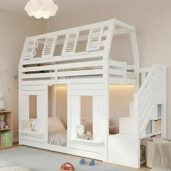 ModernLuxe Lit mezzanine enfant 90x200cm avec LED - Barrières de sécurité et échelle de rangement - MDF + Bois massif - Blanc (sans matelas)