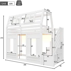 ModernLuxe Lit mezzanine enfant 90x200cm avec LED - Barrières de sécurité et échelle de rangement - MDF + Bois massif - Blanc (sans matelas)