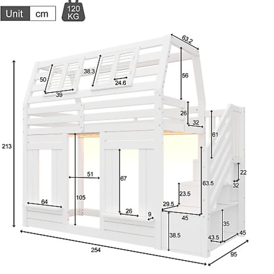 ModernLuxe Lit mezzanine enfant 90x200cm avec LED - Barrières de sécurité et échelle de rangement - MDF + Bois massif - Blanc (sans matelas)