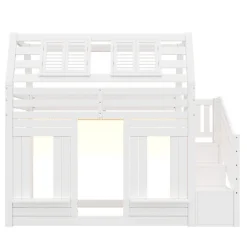 ModernLuxe Lit mezzanine enfant 90x200cm avec LED - Barrières de sécurité et échelle de rangement - MDF + Bois massif - Blanc (sans matelas)
