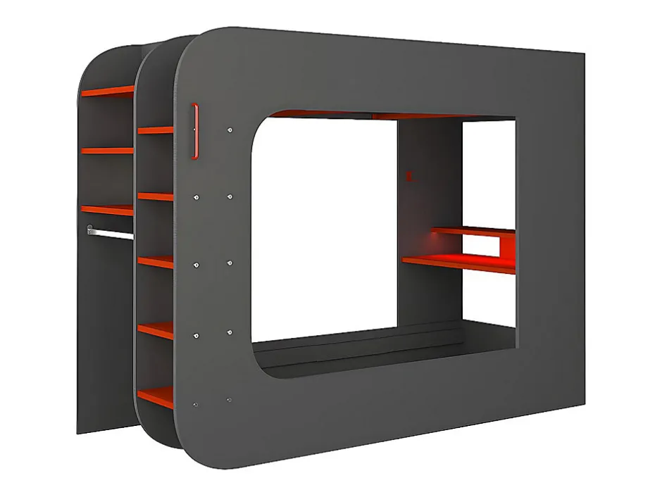 Vente-unique Lit mezzanine gamer 90 x 200 cm - Avec bureau et rangements - Avec LEDs - Anthracite et rouge - WARRIOR