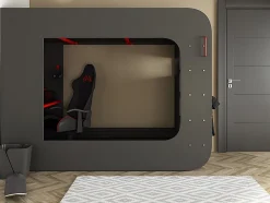Vente-unique Lit mezzanine gamer 90 x 200 cm - Avec bureau et rangements - Avec LEDs - Anthracite et rouge - WARRIOR