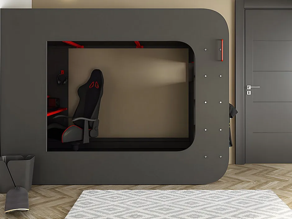 Vente-unique Lit mezzanine gamer 90 x 200 cm - Avec bureau et rangements - Avec LEDs - Anthracite et rouge - WARRIOR