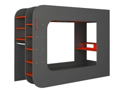 Vente-unique Lit mezzanine gamer 90 x 200 cm - Avec bureau et rangements - Avec LEDs - Anthracite et rouge - WARRIOR