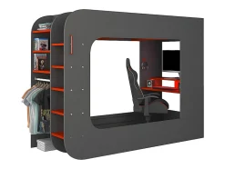 Vente-unique Lit mezzanine gamer 90 x 200 cm - Avec bureau et rangements - Avec LEDs - Anthracite et rouge - WARRIOR
