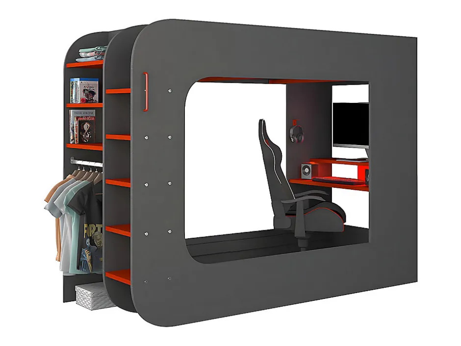 Vente-unique Lit mezzanine gamer 90 x 200 cm - Avec bureau et rangements - Avec LEDs - Anthracite et rouge - WARRIOR
