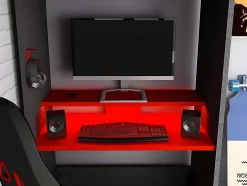 Vente-unique Lit mezzanine gamer 90 x 200 cm - Avec bureau et rangements - Avec LEDs - Anthracite et rouge - WARRIOR