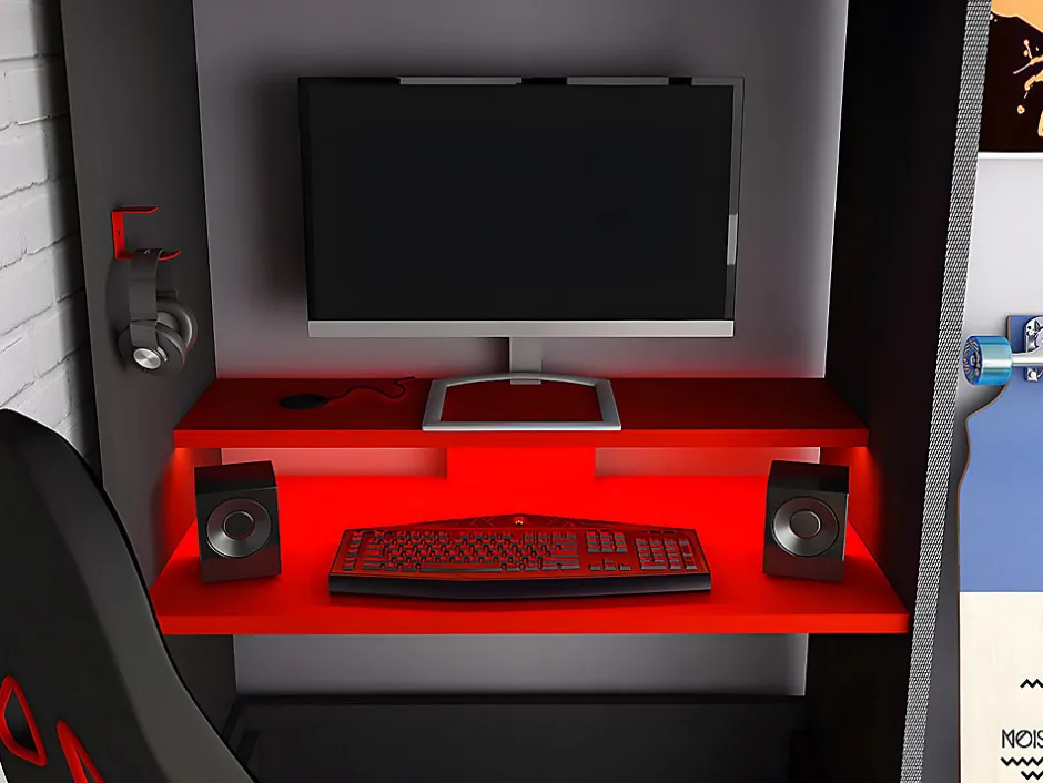 Vente-unique Lit mezzanine gamer 90 x 200 cm - Avec bureau et rangements - Avec LEDs - Anthracite et rouge - WARRIOR