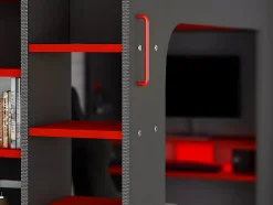 Vente-unique Lit mezzanine gamer 90 x 200 cm - Avec bureau et rangements - Avec LEDs - Anthracite et rouge - WARRIOR