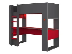 Vente-unique Lit mezzanine gamer NOAH avec bureau et rangements intégrés - 90 x 200 cm - Avec LEDs - Anthracite et rouge + matelas Discount