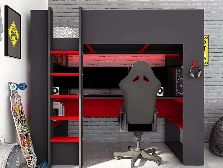 Vente-unique Lit mezzanine gamer NOAH avec bureau et rangements intégrés - 90 x 200 cm - Avec LEDs - Anthracite et rouge + matelas Discount