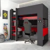 Vente-unique Lit mezzanine gamer NOAH avec bureau et rangements intégrés - 90 x 200 cm - Avec LEDs - Anthracite et rouge Hot