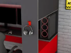 Vente-unique Lit mezzanine gamer NOAH avec bureau et rangements intégrés - 90 x 200 cm - Avec LEDs - Anthracite et rouge Hot