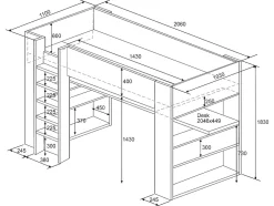 Vente-unique Lit mezzanine gamer NOAH avec bureau et rangements intégrés - 90 x 200 cm - Avec LEDs - Anthracite et rouge Hot